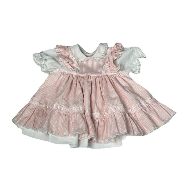 Vintage Toddle Tyke Dress Size 3 Months Pink Ruffle Collar Lace Short Sleeve - Picture 1 of 11